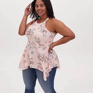 🔴 FINAL MARK ⬇️ - Light Pink Floral High Neck Handkerchief Hem Sleeveless Blouse